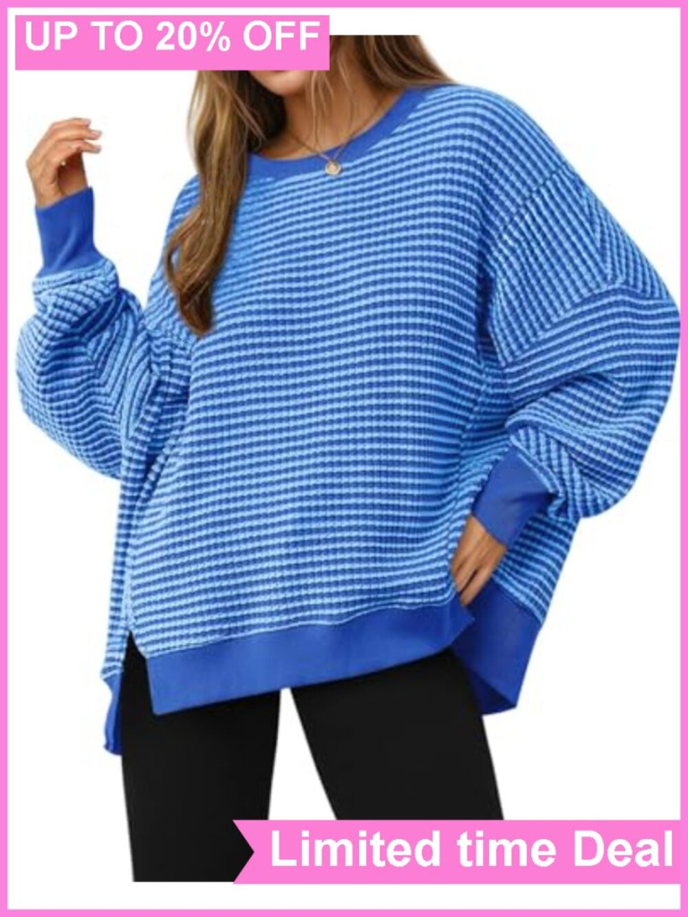 Oversized Waffle Knit Sweatshirt Crewneck Split Tunic Pullover